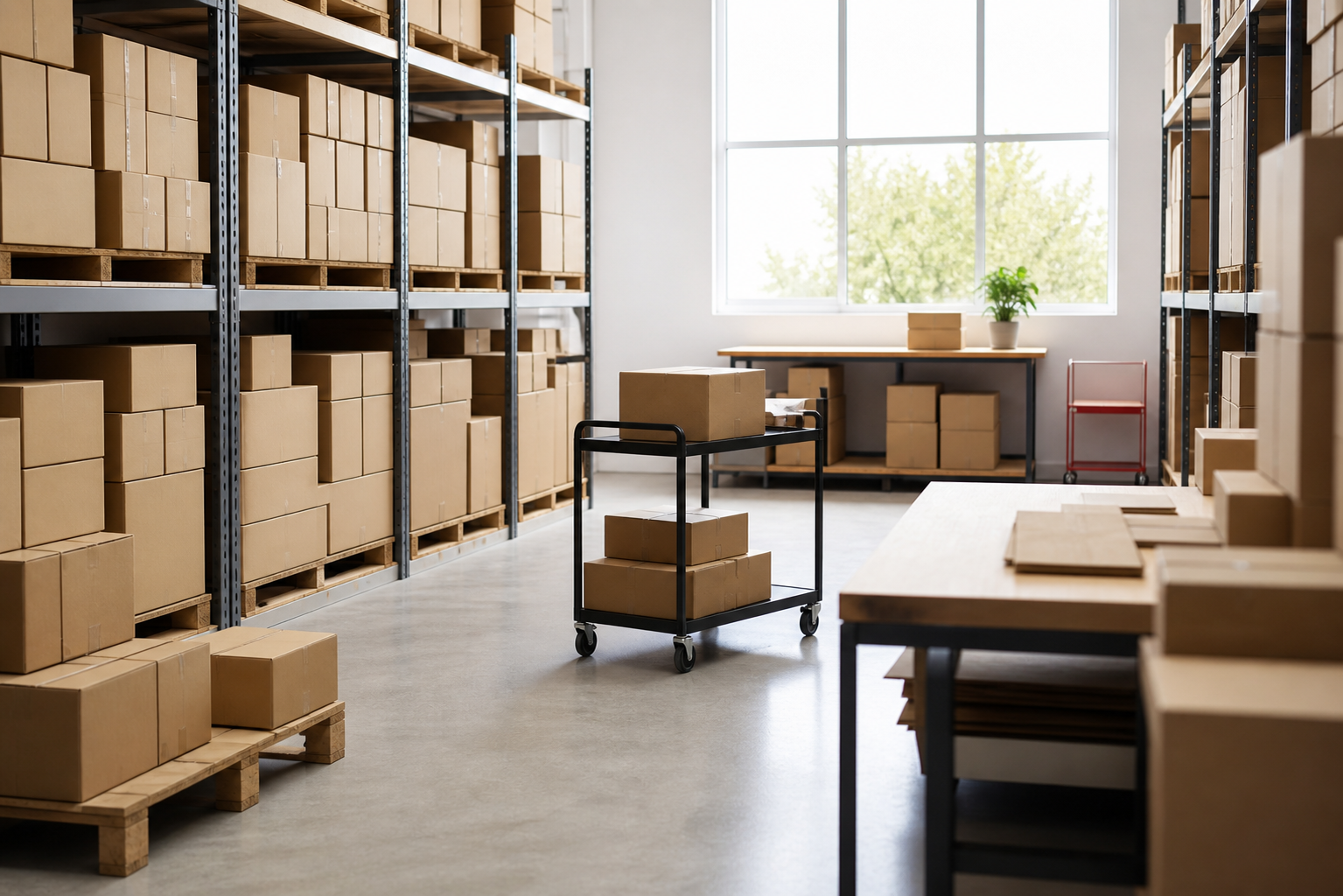 Warehouse shelves with organized cartons ready for wholesale orders
